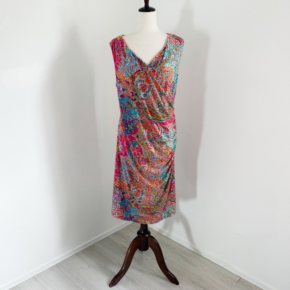 Lauren Ralph Lauren Dress Womens 2X Plus Colorful Paisley Ruched Faux Wrap Dress
